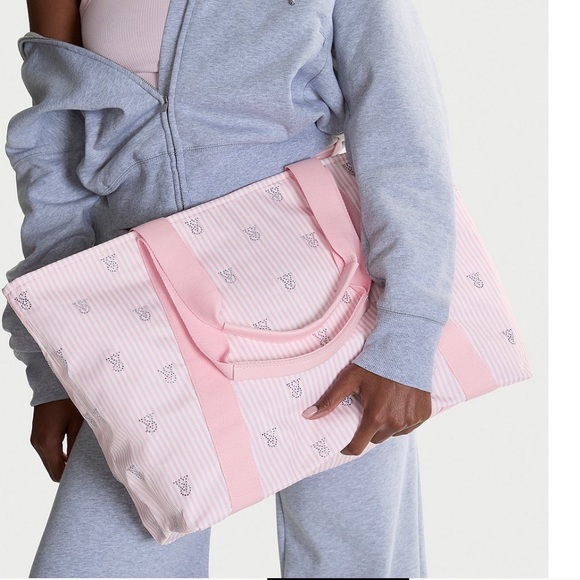 PINK Victoria's Secret Handbags - PINK Victoria's Secret Light Pink Striped BLING Tote NWT